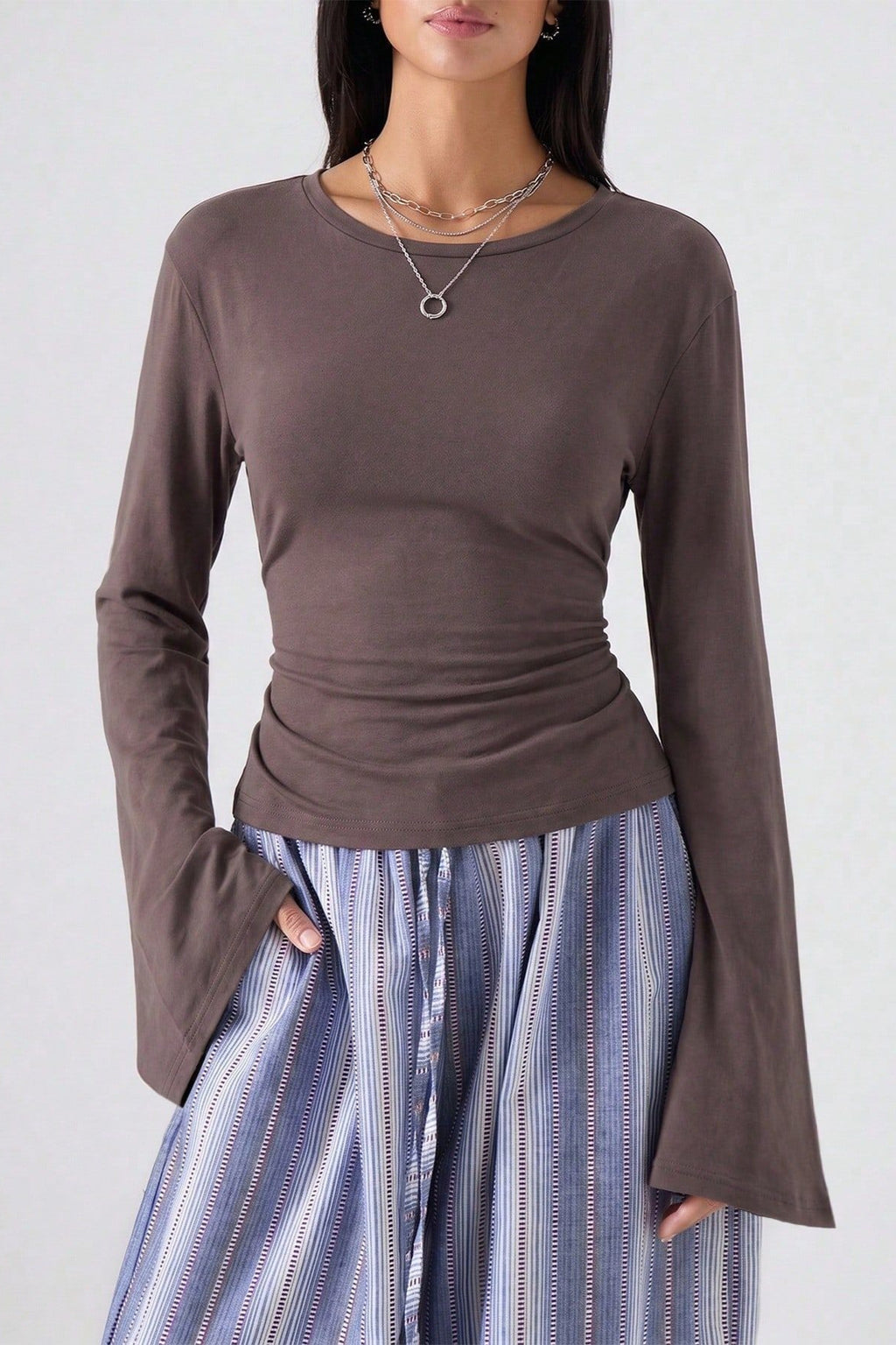 Lace Up Back Bell Sleeve Long Sleeved T-shirts