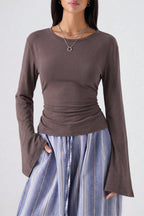 Lace Up Back Bell Sleeve Long Sleeved T-shirts