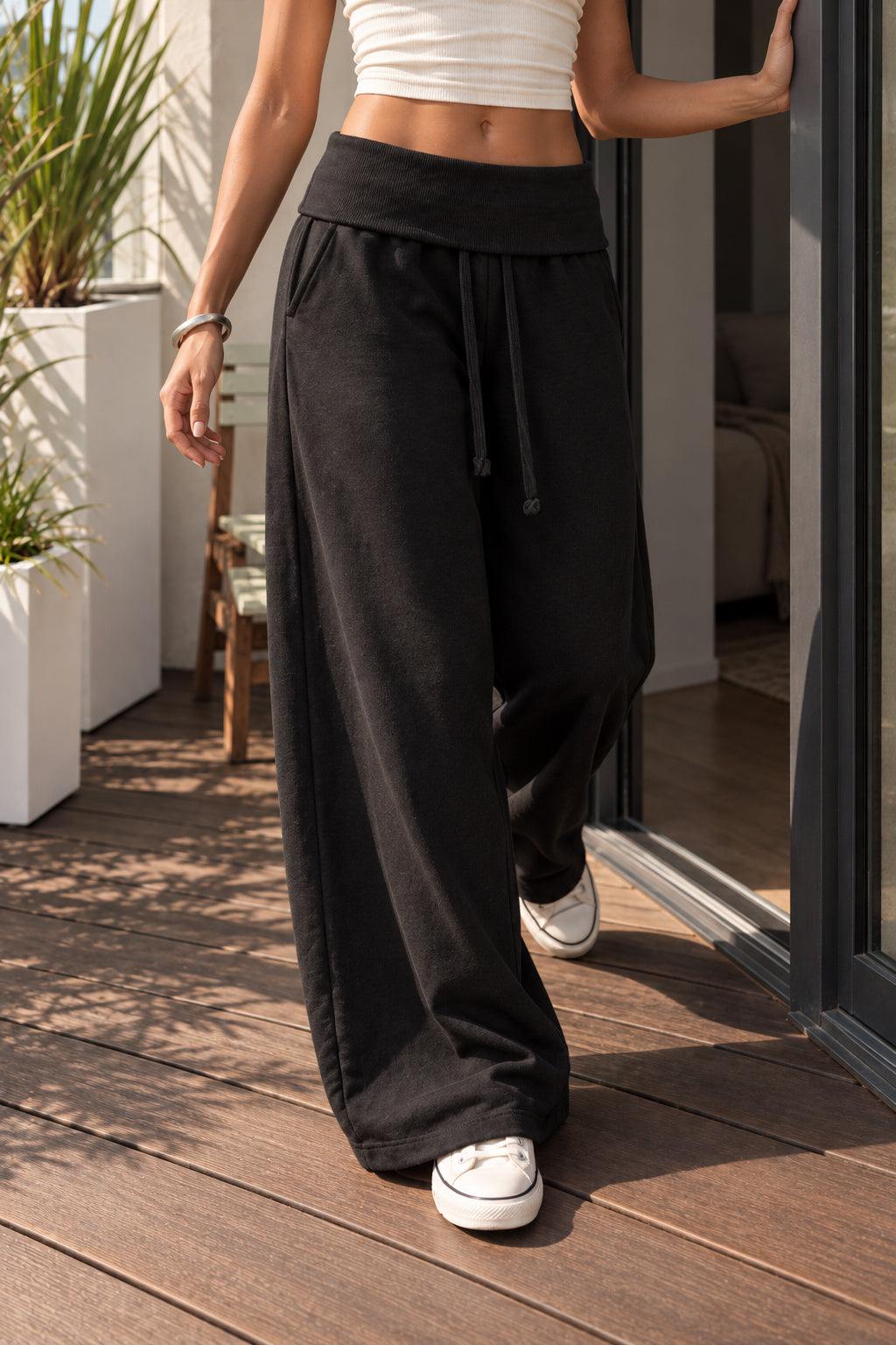 Foldover Waist Relaxed Wide Leg Pants