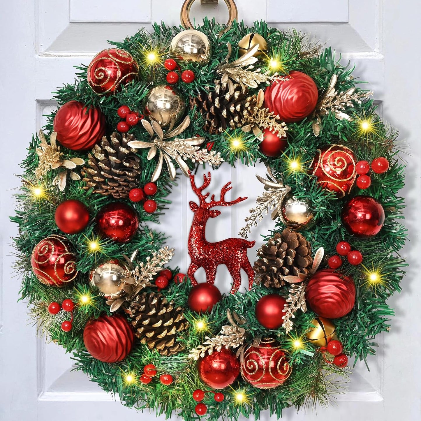 Christmas Wreath with Red Reindeer Balls, Berries, Pine Cones, and Pine Needles - Front Door or Wall Decor