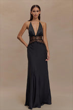Lace Waist Plunge Halter Satin Maxi Dress