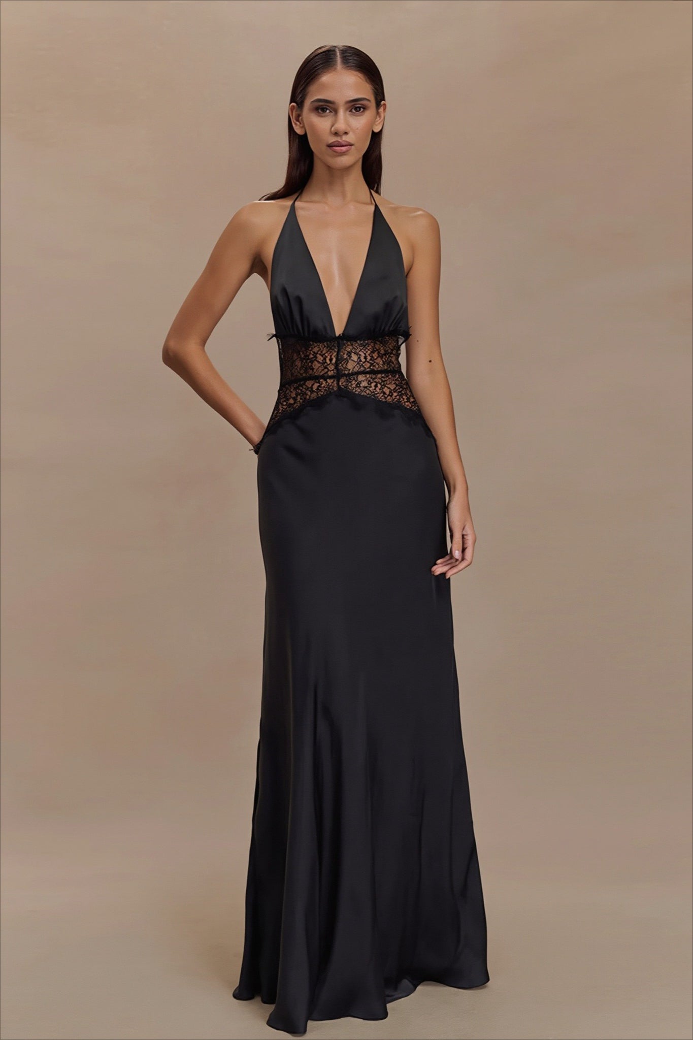 Lace Waist Plunge Halter Satin Maxi Dress