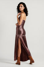 Metallic Ruched Slit Strapless Sleeveless Party Dress