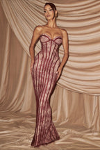 Strapless Lace Vertical Bodycon Maxi Lace Dress