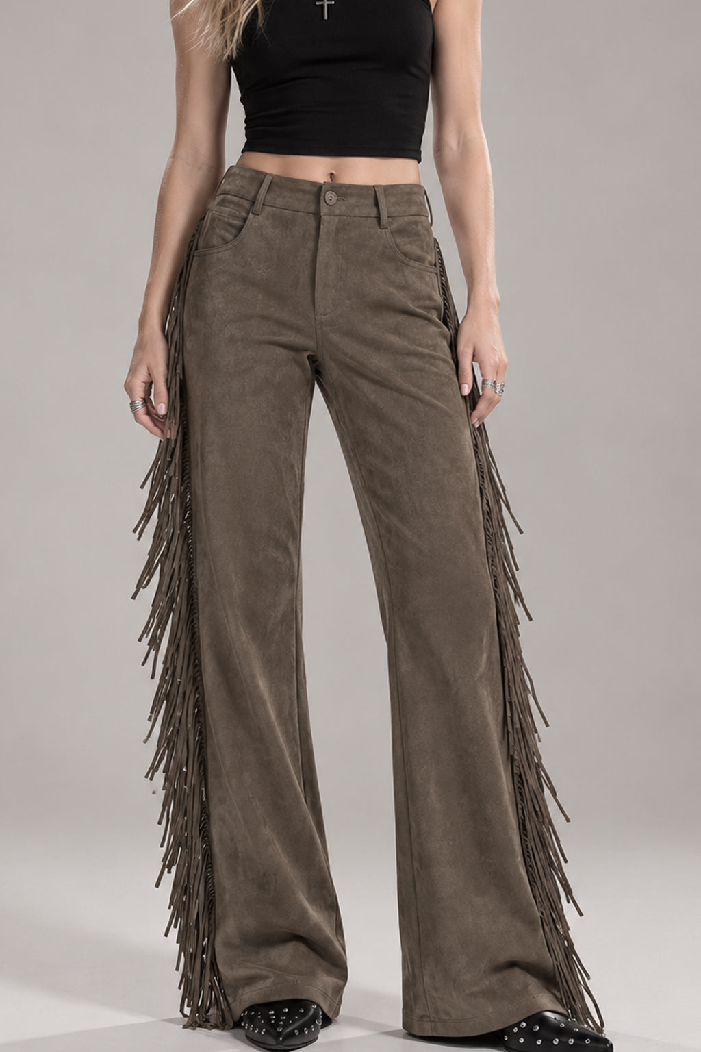 Side Fringe Suede Look Wide Leg Pants Main image