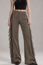 Side Fringe Suede Look Wide Leg Pants