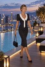 Polka Dot V-Neck Puff Sleeve Bodycon Maxi Dress
