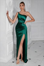 One Shoulder Ruched Waist Slit  Formal Dress