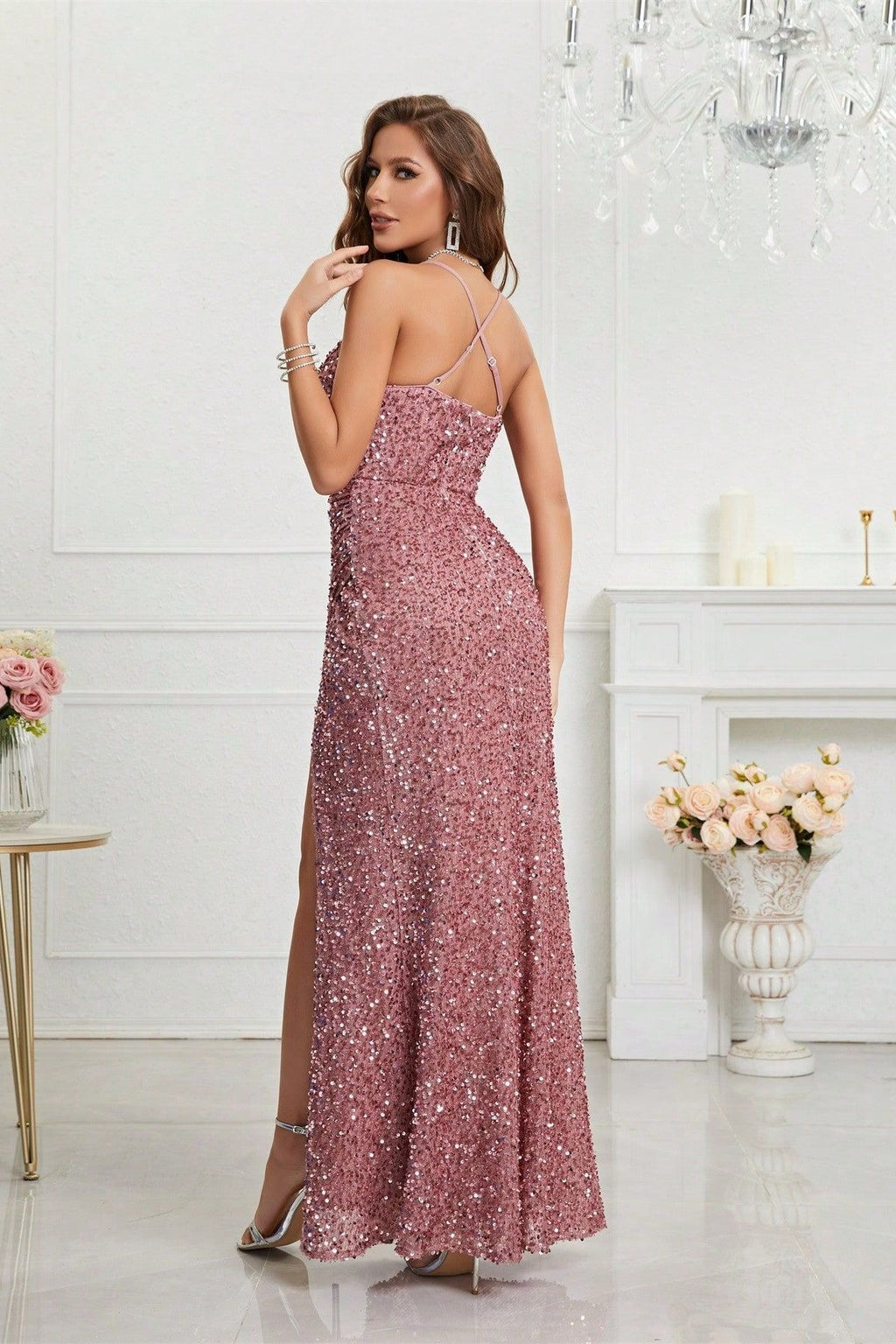 V Neck Slit Sequin Slip Prom Dress