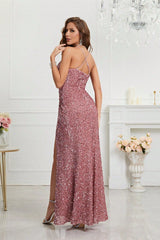 V Neck Slit Sequin Slip Prom Dress