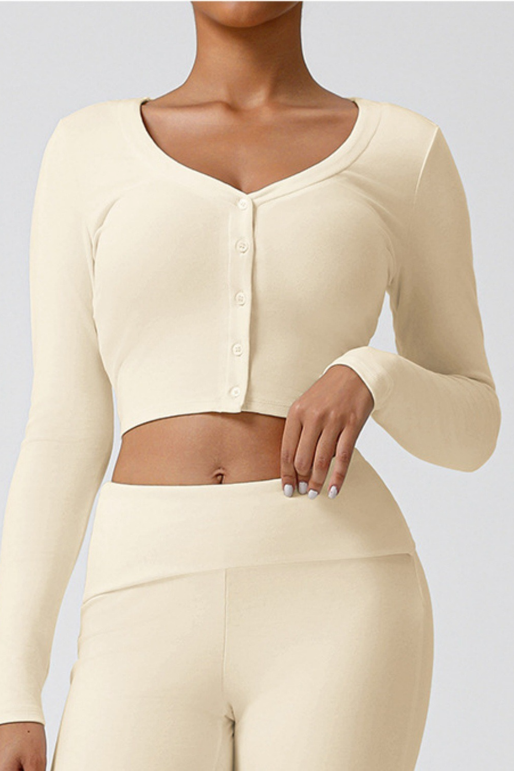 Latte Print Slim Crop Button Long Sleeve Crop Top Secondary image