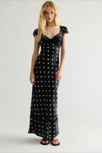 Polka Dot Lace Trim Cutout Maxi Dress