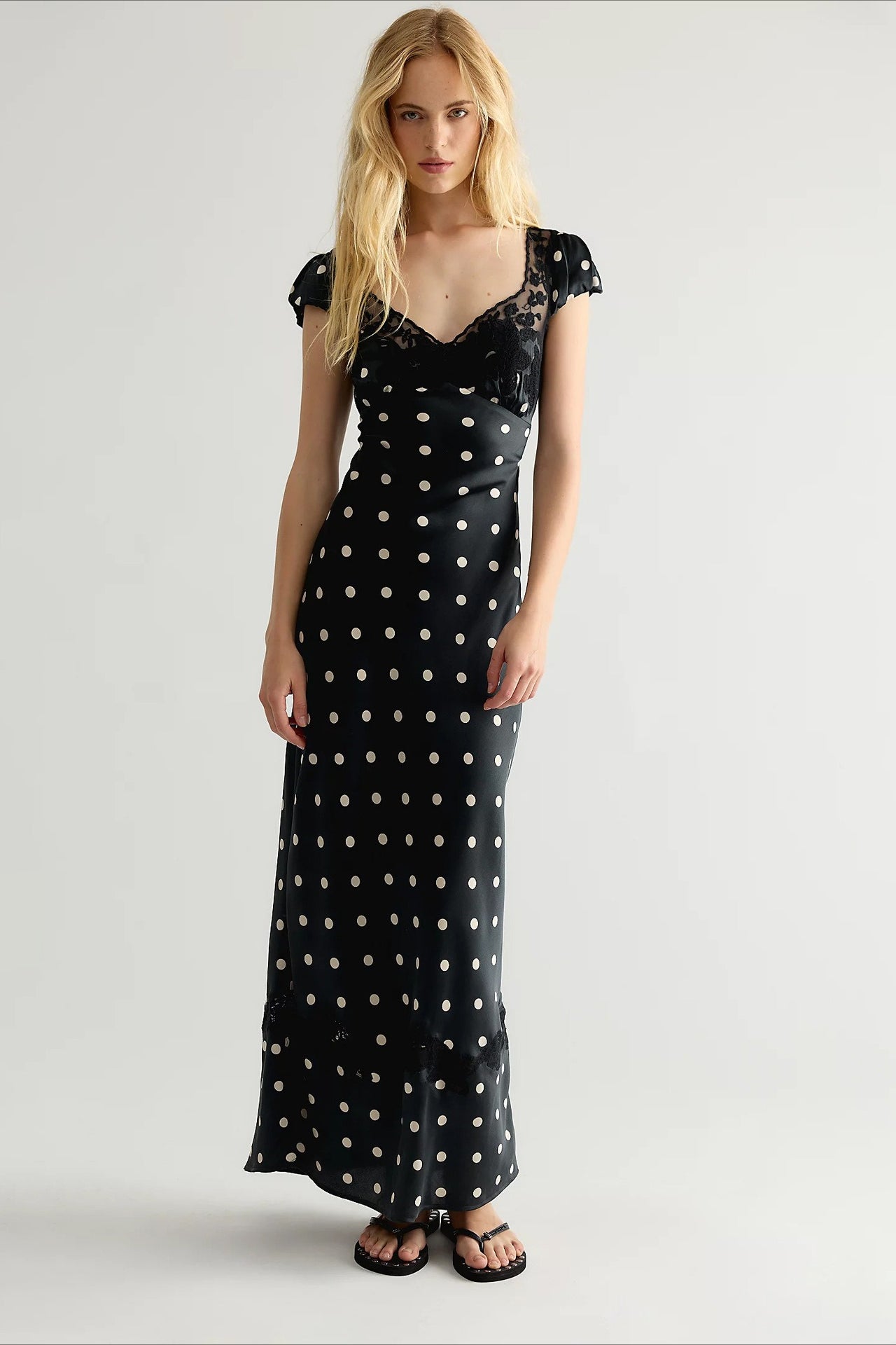 Polka Dot Lace Trim Cutout Maxi Dress