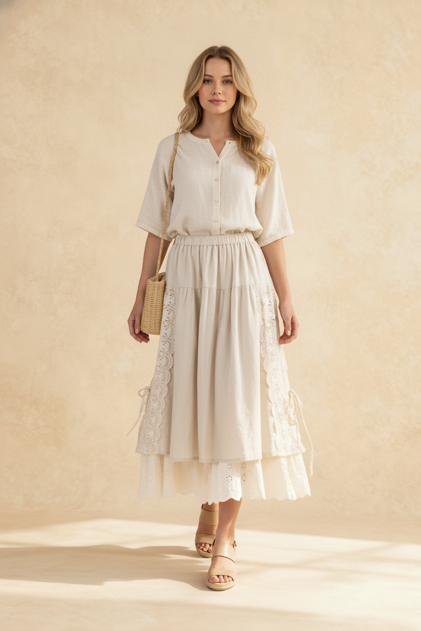 Sweet Japan Style Mori Lace Stitched Linen Skirt Secondary image