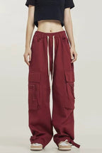 Street Style Loose Wide Leg Red Cargo Pants