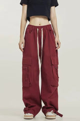 Street Style Loose Wide Leg Red Cargo Pants