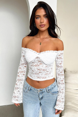Sexy Off Shoulder Lace Long Sleeve Fitted Crop Top