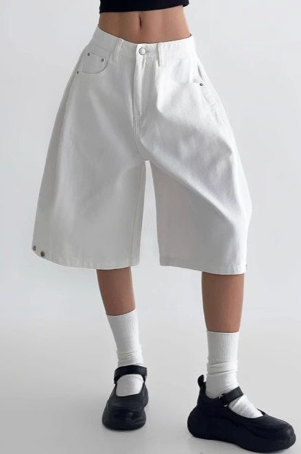 White High Waist Minimalist Wide Leg Denim Shorts