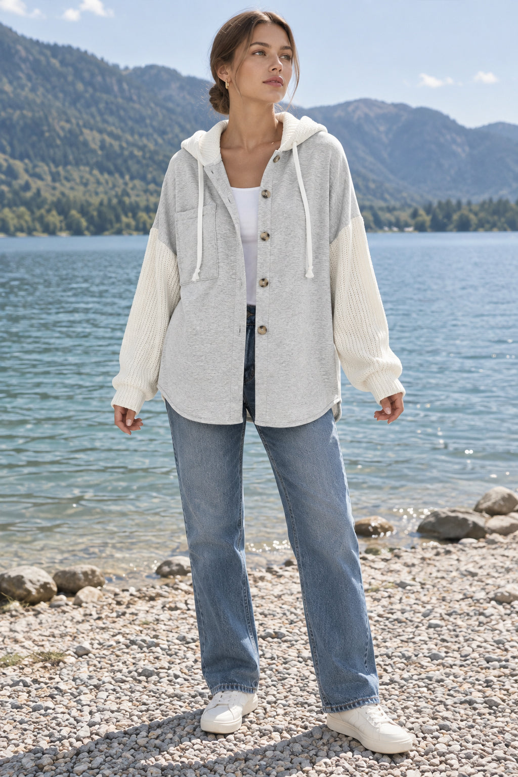 Ribbed Sleeve Patchwork Button Hoodie Main image