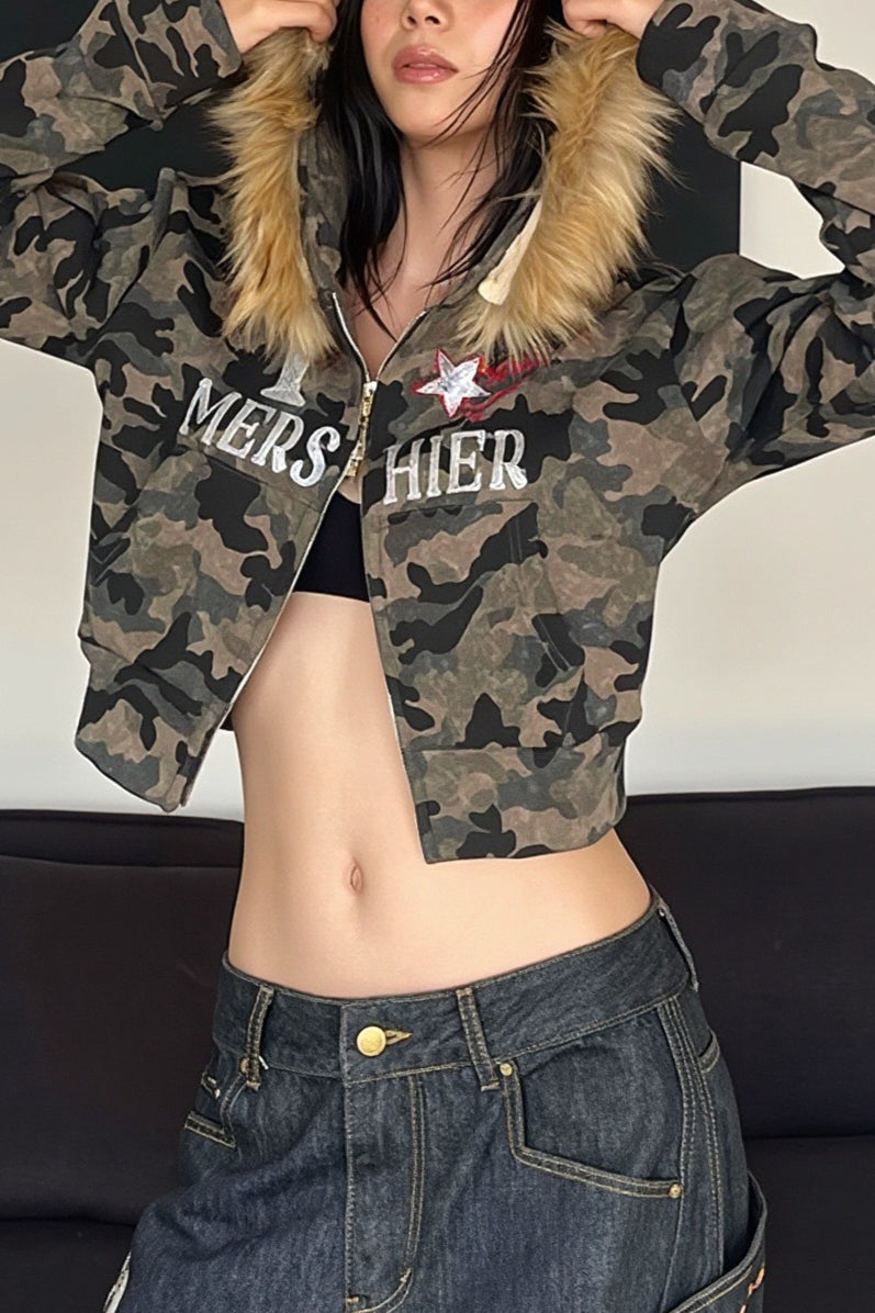 Camo Fur Trim Cropped Full Zip Hoodie