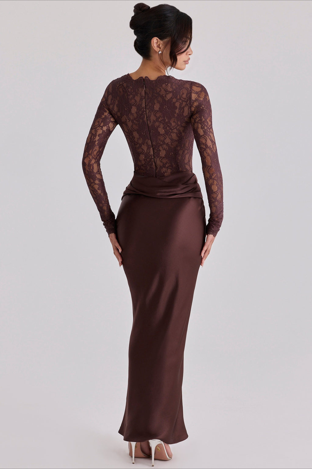 Sheer Lace Panel Ruched Satin Mermaid Maxi Lace Dress