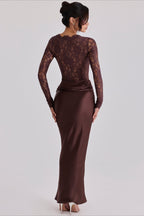 Sheer Lace Panel Ruched Satin Mermaid Maxi Lace Dress