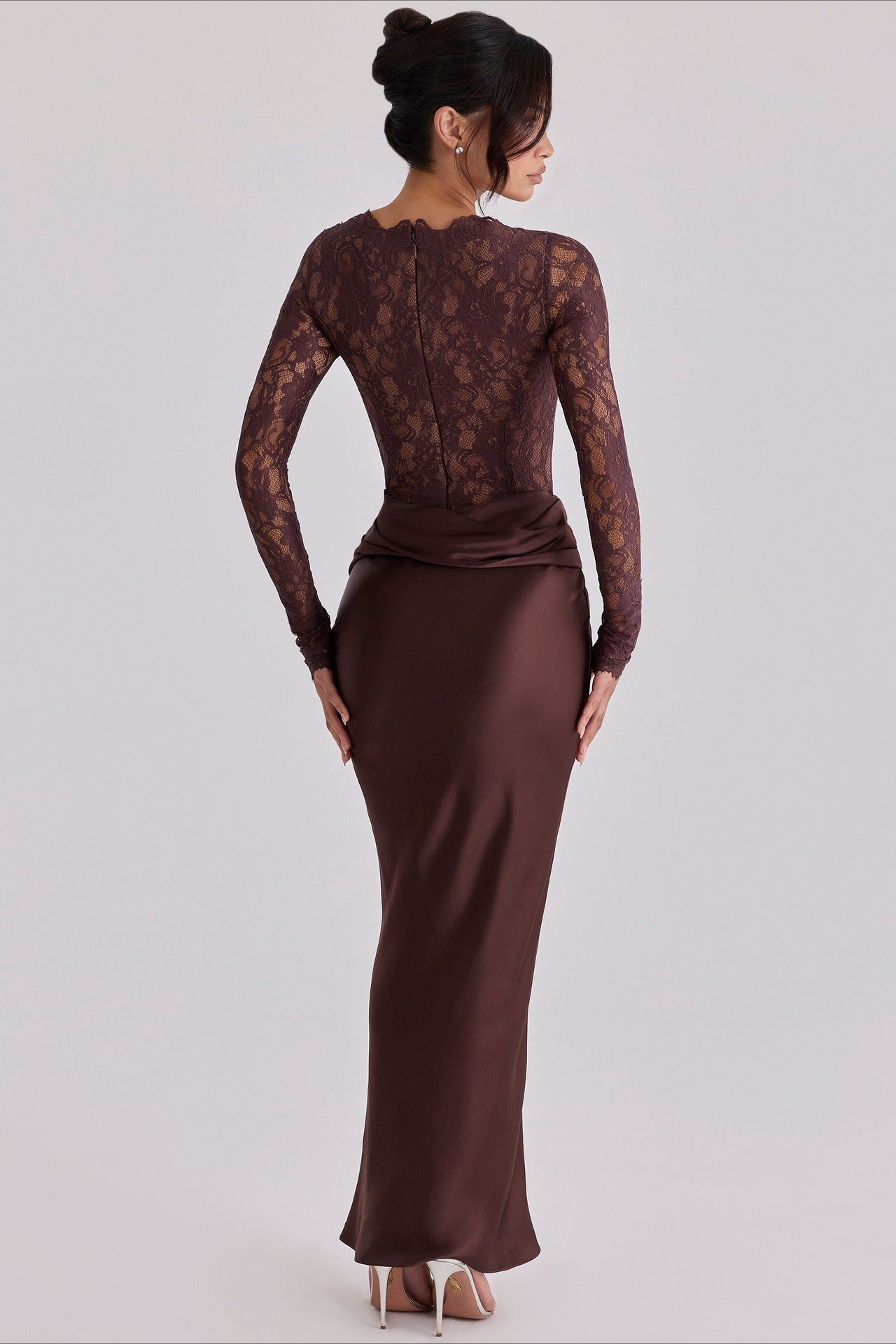 Sheer Lace Panel Ruched Satin Mermaid Maxi Lace Dress