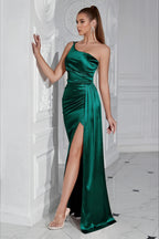 One Shoulder Ruched Waist Slit  Formal Dress