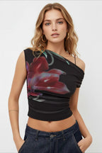 Sheer Mesh One-Shoulder Ruched Print Crop Top