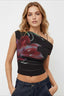 Sheer Mesh One-Shoulder Ruched Print Crop Top