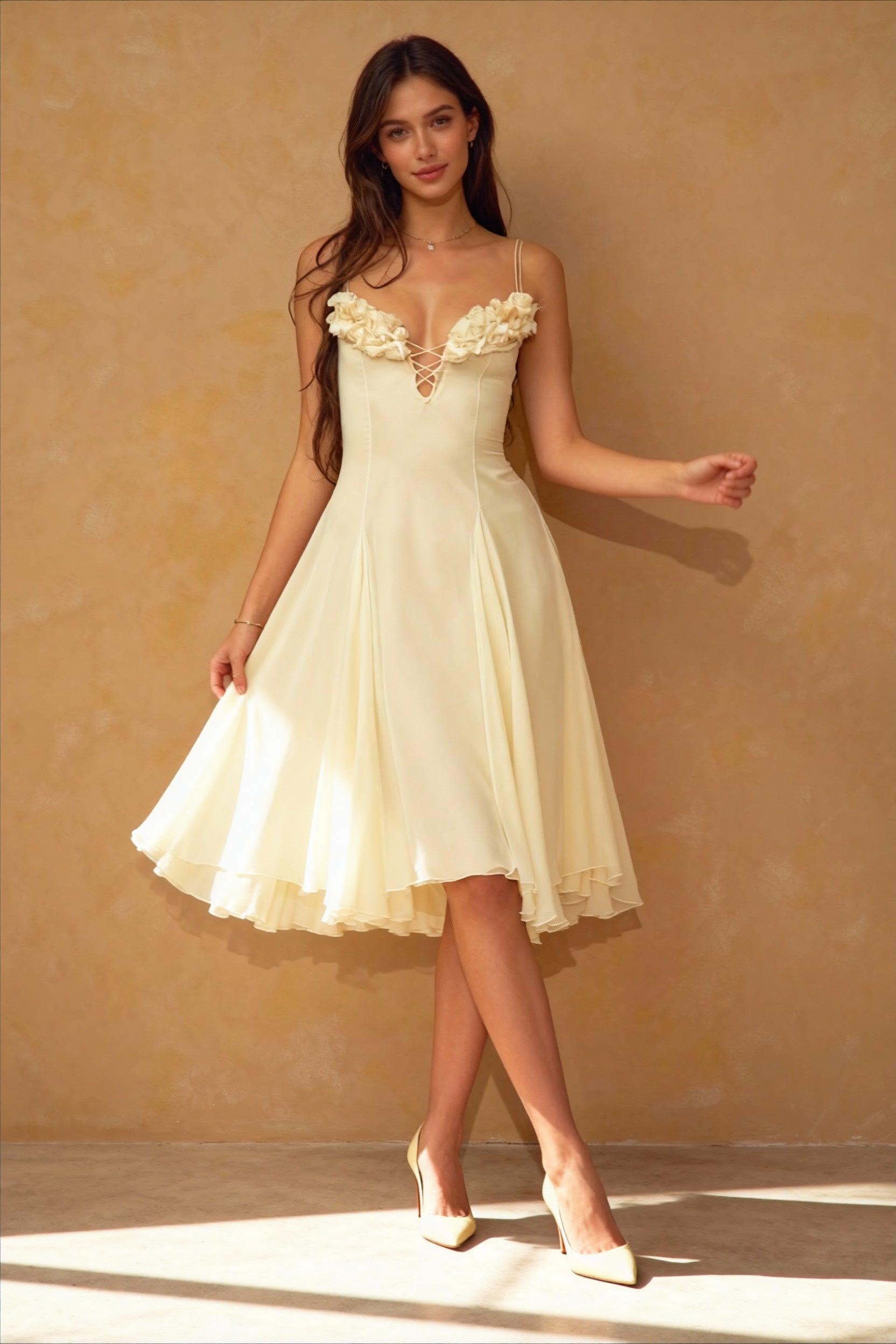 Deep V 3D Floral Sheer Midi Party Dress Main image