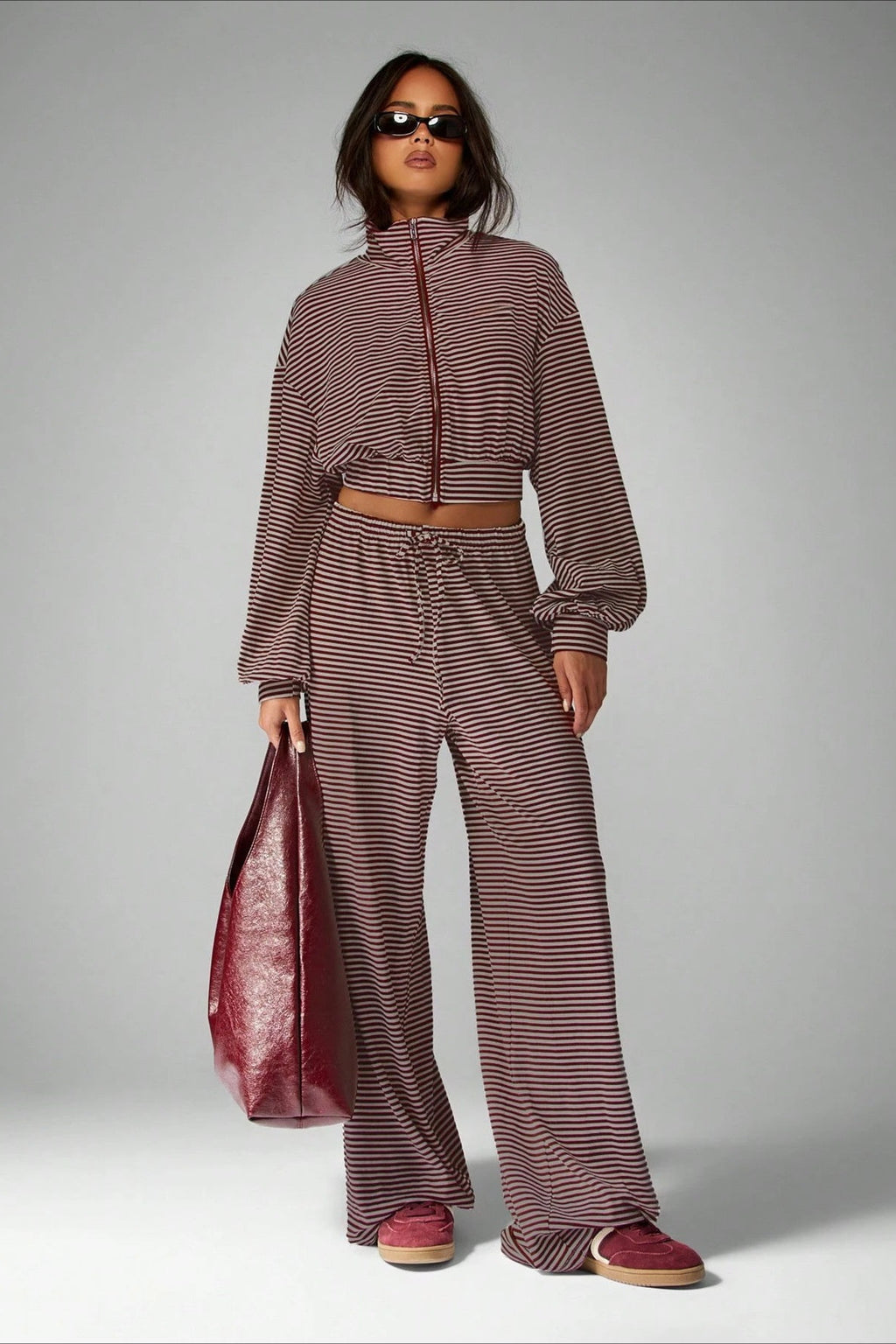 Micro Stripe Zip Jacket Wide Leg Pants Two Piece Set