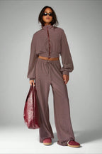 Micro Stripe Zip Jacket Wide Leg Pants Two Piece Set