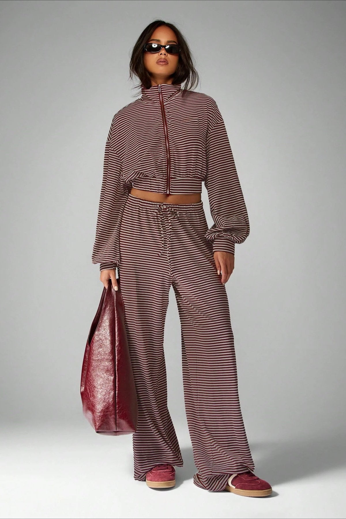 Micro Stripe Zip Jacket Wide Leg Pants Two Piece Set