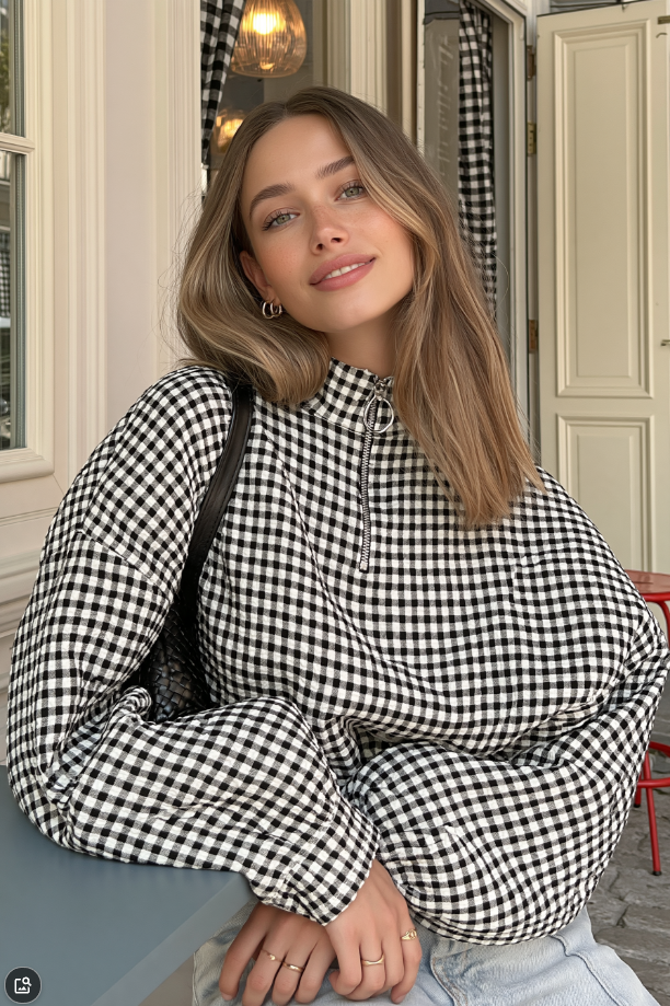Gingham Stand Collar Zip Bomber Jacket Secondary image