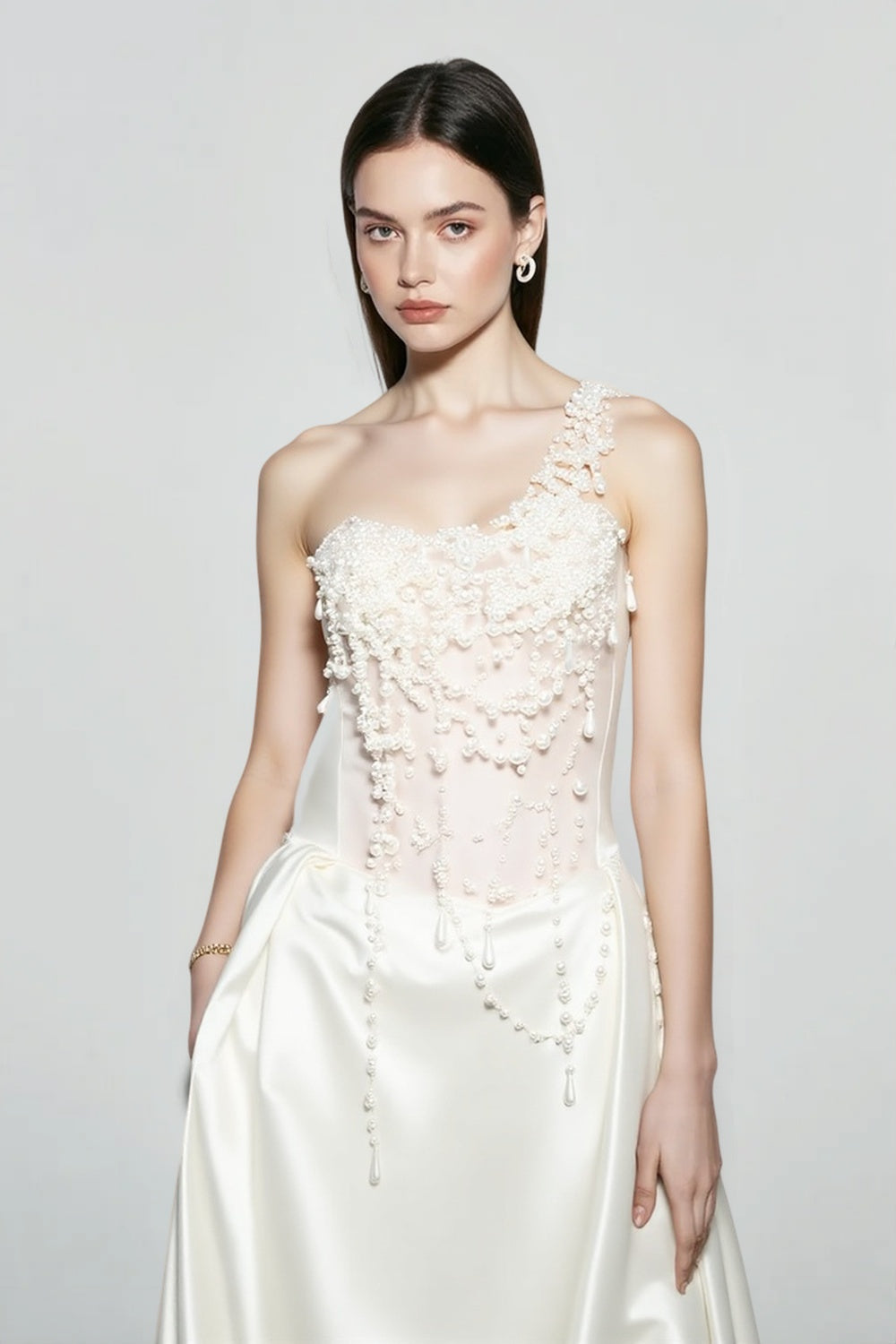 French Strapless Satin Pearl Prom Dress Main image