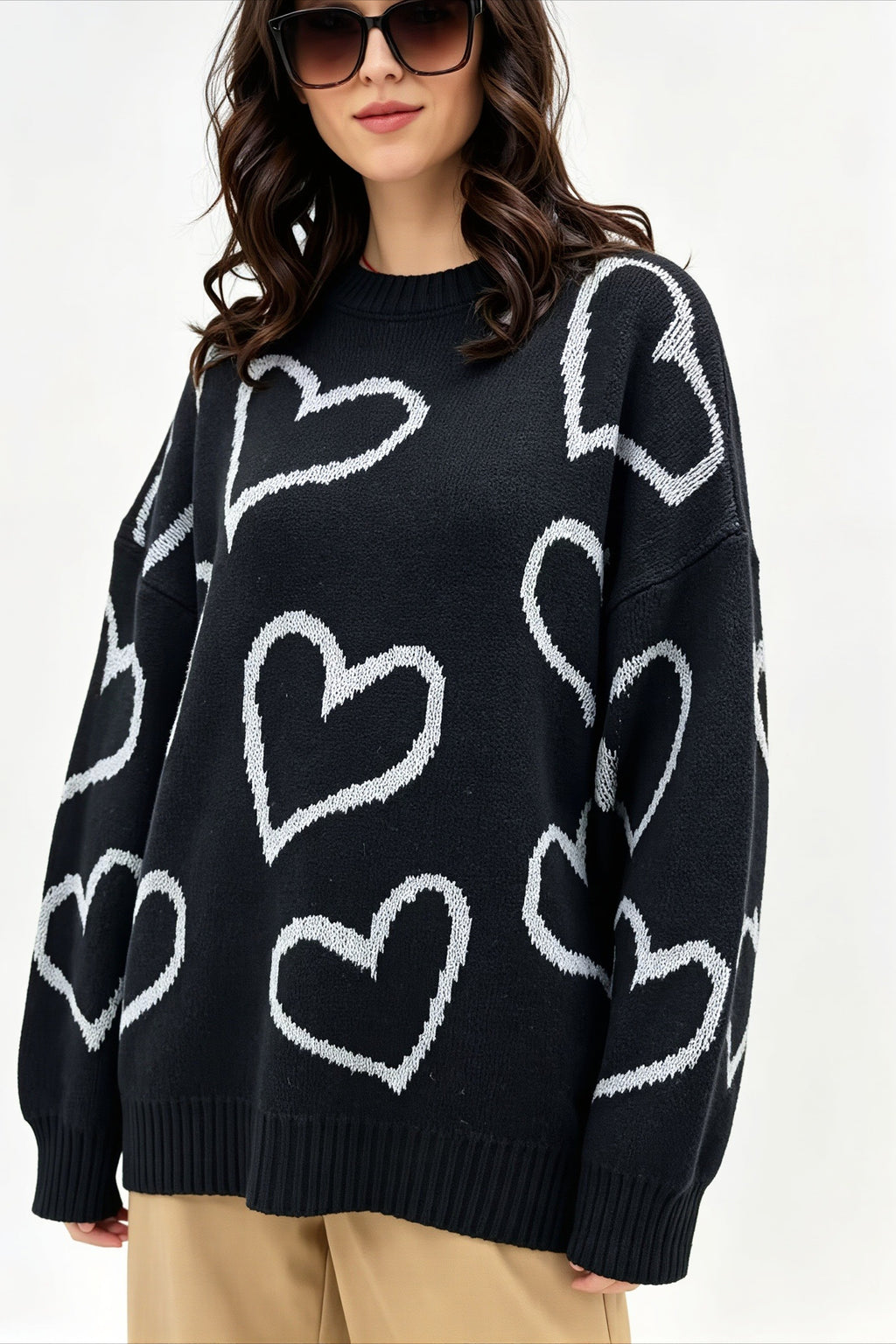 Heart Outline Motif Oversized Crew Neck Sweater