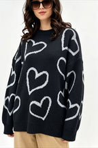 Heart Outline Motif Oversized Crew Neck Sweater