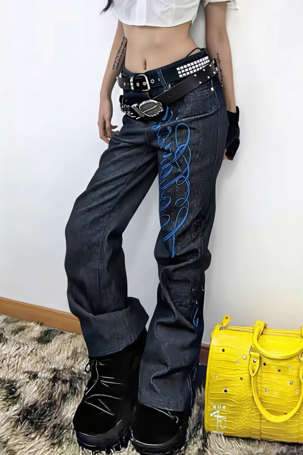 Embroidered Slight Flare Baggy Streetwear Jeans