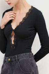 Twist Cutout V Neck Lace Trim Slim Bodysuit