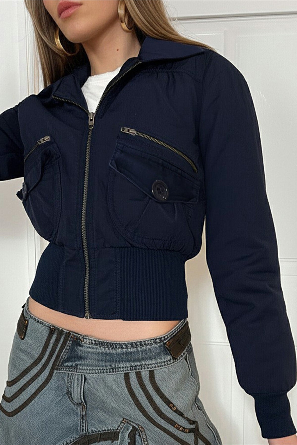 Utility Pocket Ribbed Hem Cropped Zip Jacket