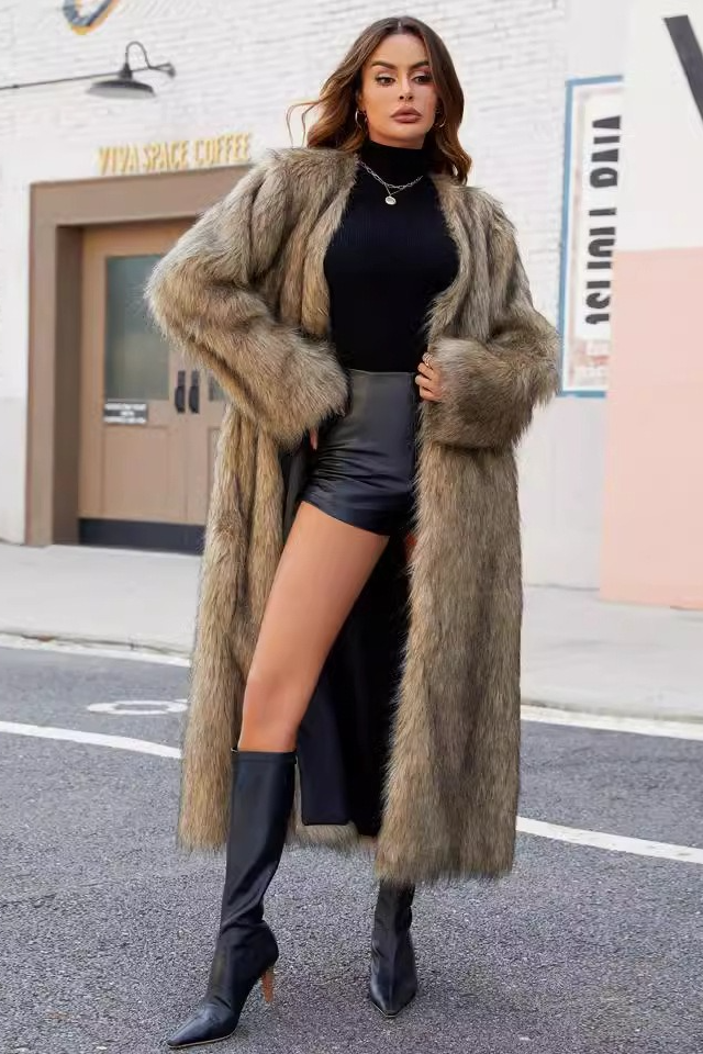 Chic V Neck Faux Fur Cozy Longline Overcoat Main image