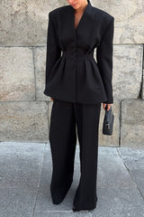 Black V-Neck Ruched Waist Blazer