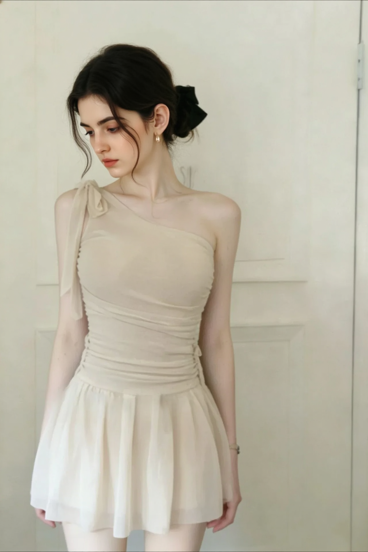 Romantic Solid Waist Cinch One Shoulder Bow One Piece Swimwear Secondary image