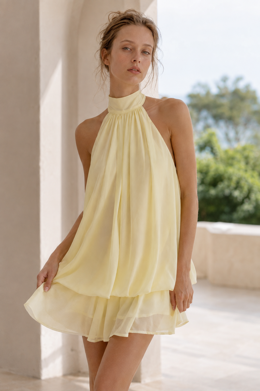 Sexy Backless Halter Tie Waist Slim Fit Ruffled Mini Dress Main image
