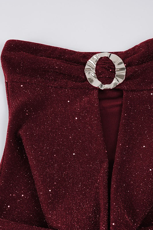 Sequined Strapless Cutout Cowl Neck Mini Dress