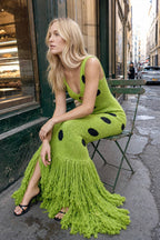 Polka Dot Knit Fringe Hem Maxi Dress