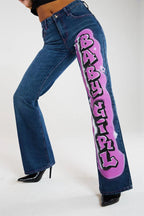 Letter Print Mid Rise Straight Leg Jeans
