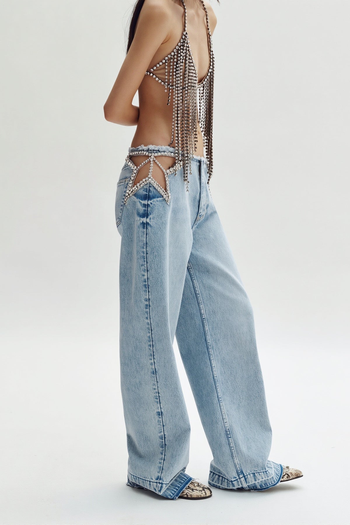 Rhinestone Low Rise Straight Leg Denim Jeans Main image