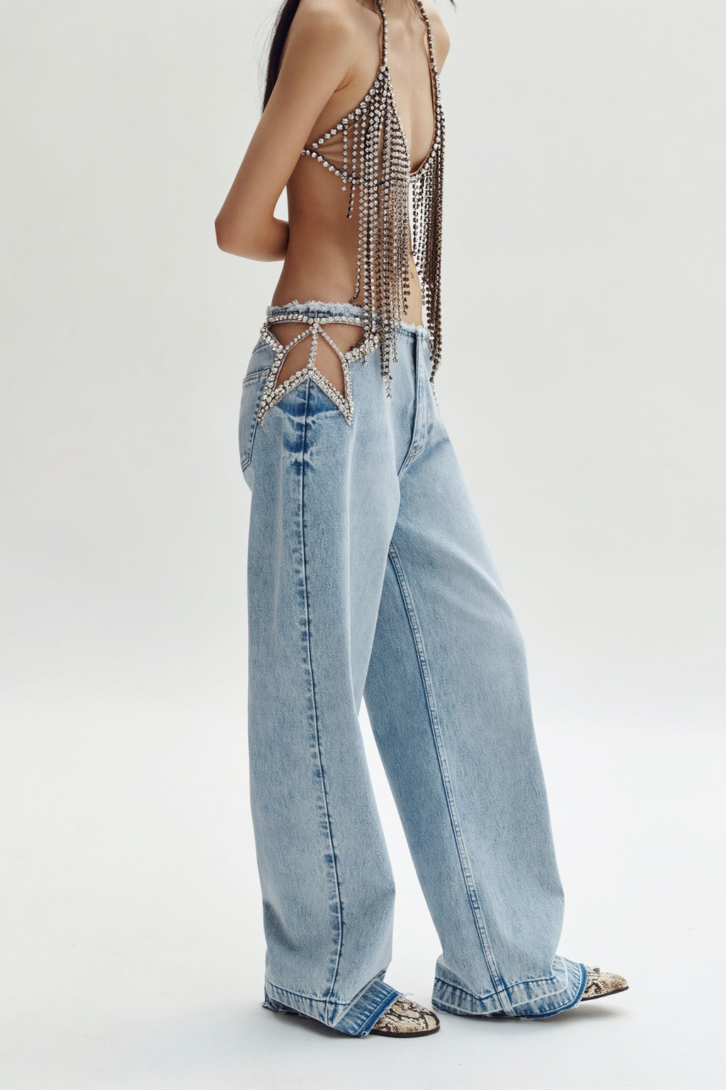 Rhinestone Low Rise Straight Leg Denim Jeans